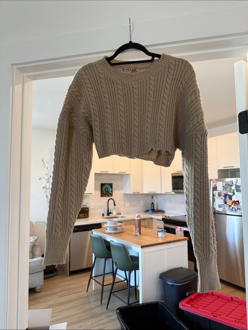 Cropped Cable-Knit Crewneck Sweater in Beige